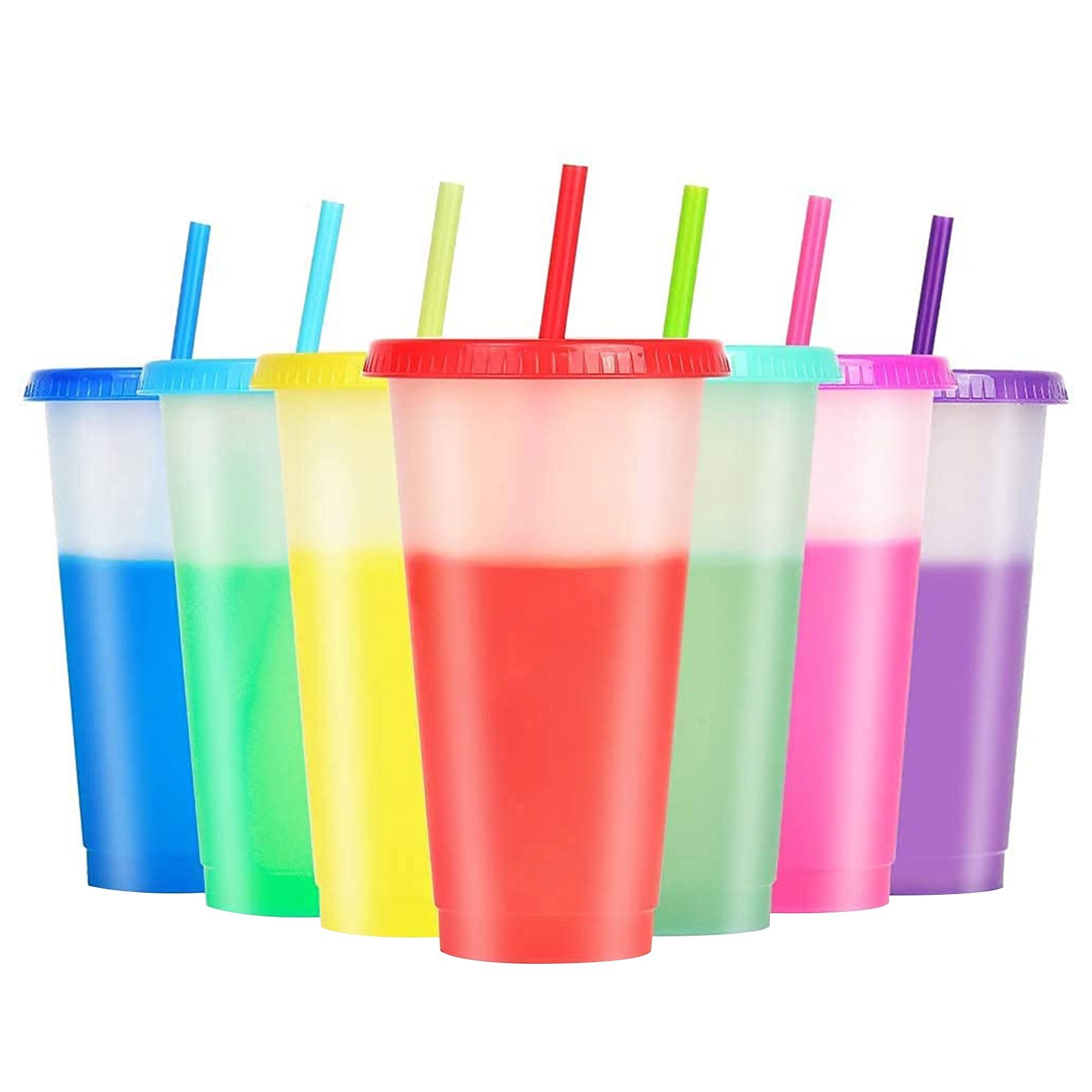 Gambar ?CW? 7PCS Reusable Color Changing Cups 7pcs Cold DrinksTumbler with Lid Straw Reusable Color Changing Cups Party Cups