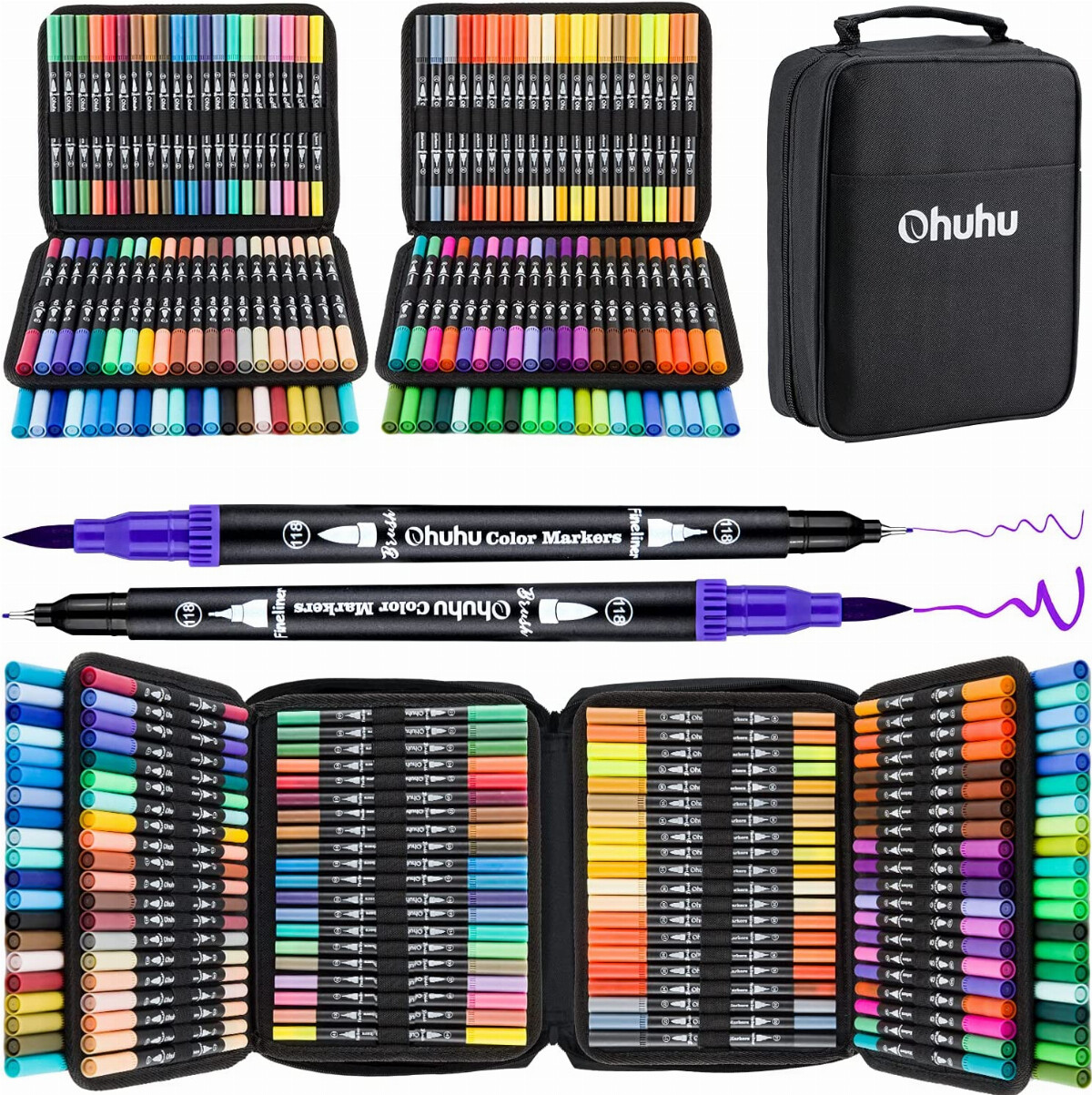 Ohuhu Water Based Brush Markers: Dual Tips - 160 Colors Art Markers Set  Coloring Brush Fineliner Color Marker Pens for Calligraphy Drawing  Sketching Coloring Bullet Journal Art Supplies - Black Black Package
