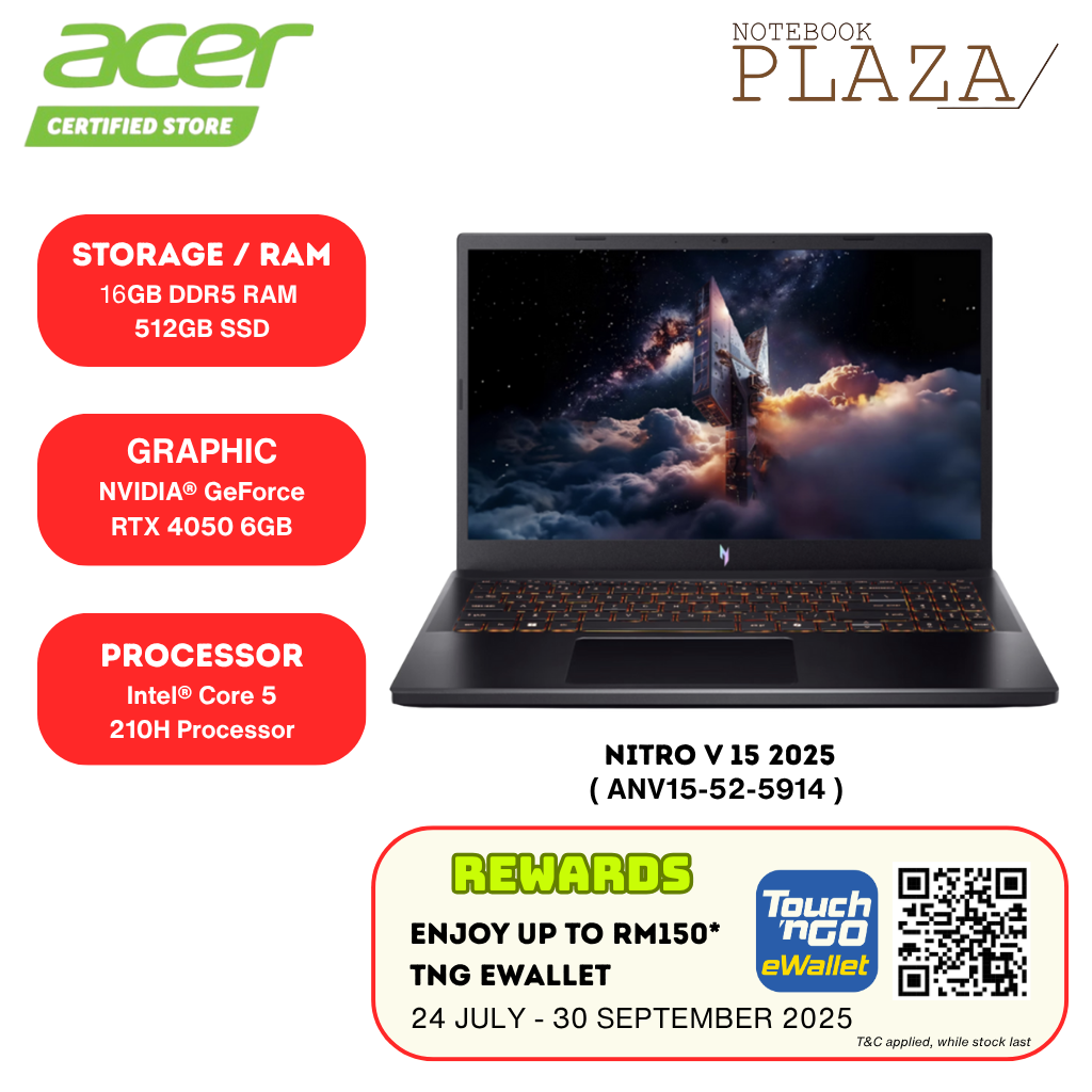 Acer Nitro V 15 ANV15-52-5914/ ANV15-52-7287 15.6" FHD 165Hz Gaming Laptop ( C5/C7, 16GB, 512GB SSD, RTX4050, W11, HS)