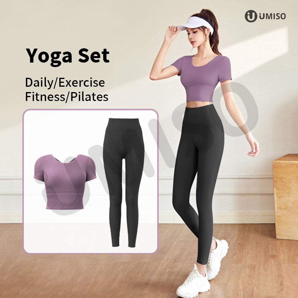 UMISO Backless Breathable Stretch Sports Short Sleeve Top Skin-Flattering High Waisted Yoga Pants Slim Comfort Walking Running Exercise Yoga Set