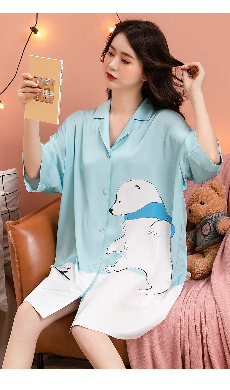 Váy ngủ nữ Cho Phụ Nữ, V-Cổ Cài Cúc Voan Phim Hoạt Hình Mùa Hè Mỏng Ngủ