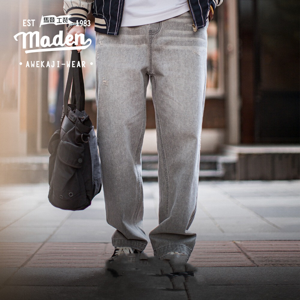  Maden Thương Hiệu Bảo Hộ Lao nam thanh niên Phong Cách 2025 Mùa Hè Mới Mỹ có thể giặt phong cách retro màu xám cổ điển Quần bò rách râu mèo Đăng quần ống đứng 