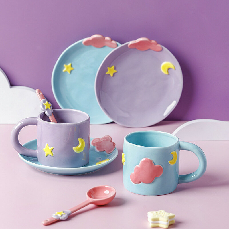 Gambar Korean Ins Wind Ceramic Coffee Cup Saucer Niche Design Cloud High Appearance Level Large Capacity Tableware