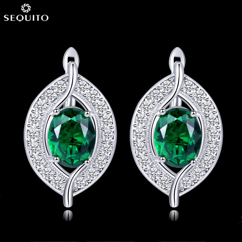 SEQUITO High Quality Silver Plating Paved Tiny CZ Zirconia Crystal with Oval Green Stone Classic Hollow Party Stud Earrings for Women Daily Wear Ear Jewelry SE780 ราคา 291 บาท*ส่งฟรี