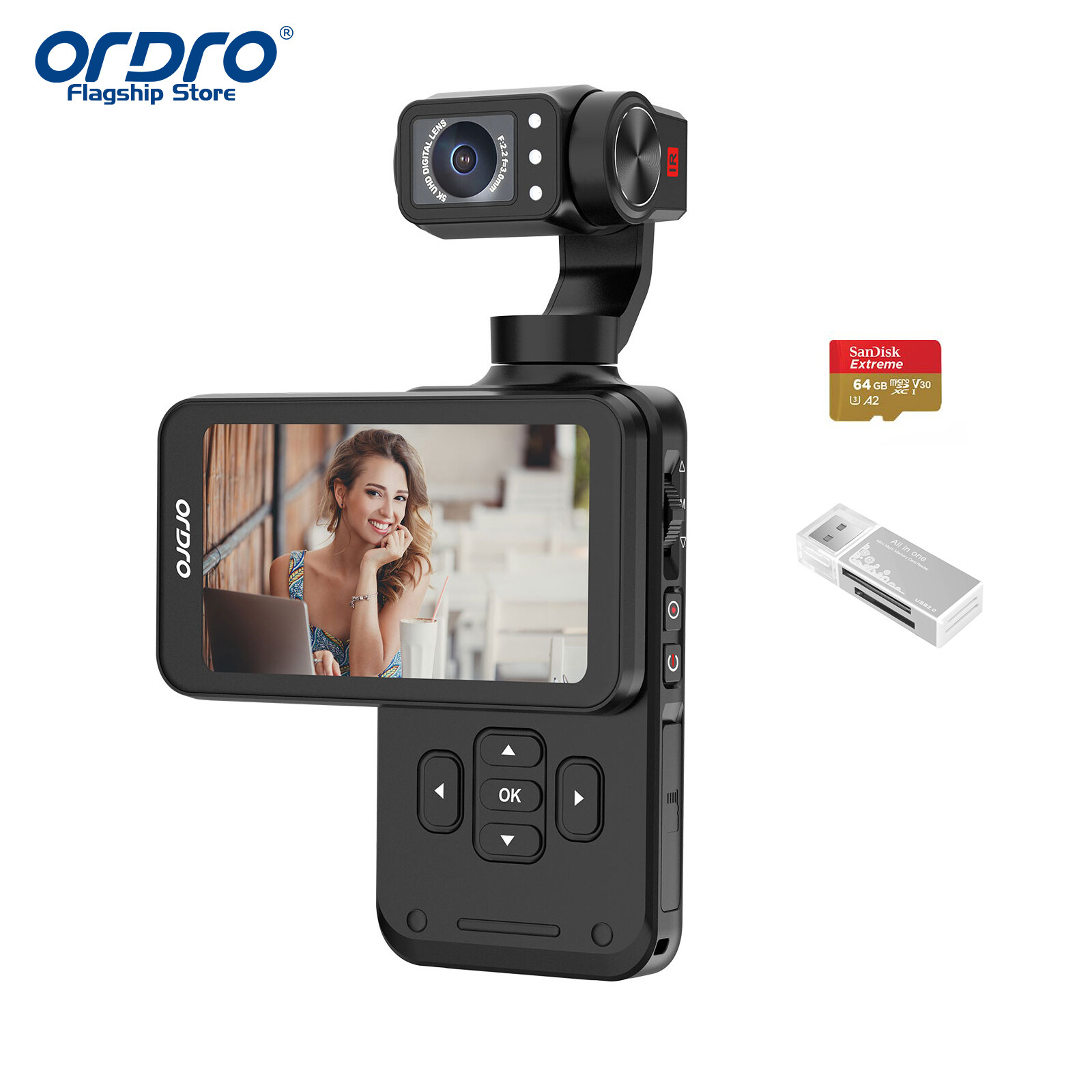 ORDRO M5 5K Vlogging Camera with 3-Axis Stabilizer 120° Ultra-Wide Angle IR Night Vision 3.5'' Rotatable IPS Screen, Small Vlog Camera with 64G SD Card for Photography YouTube TikTok