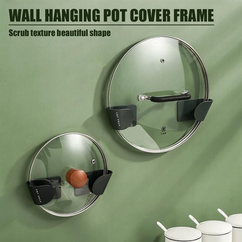 Gambar 2pcs Pot Lid Holder Set Dish Tray Wall Mounted Adhesive Rack Pan Pot Cover Plastice Hanging Storgae Organizer for Kitchen