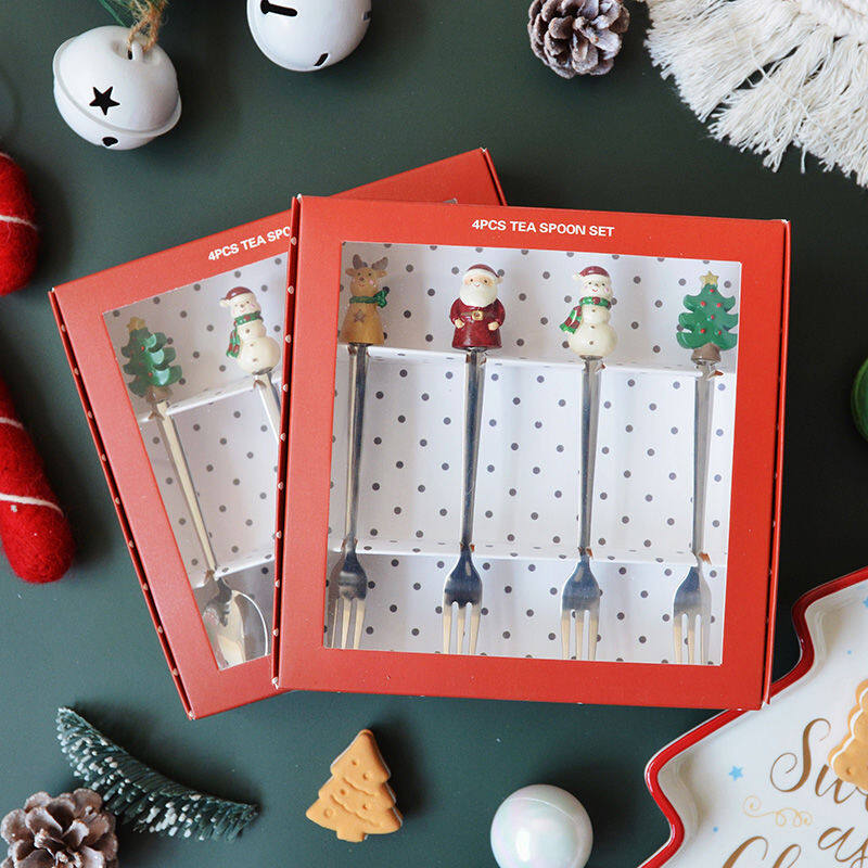 Gambar Stainless Steel Fork Spoon Set Pendant Dessert Coffee Stirring Spoon Ice Cream Fruit Cake Fork Spoon Coffee Spoon Fruit Fork Cutlery Gift Box Packaging Christmas Gift