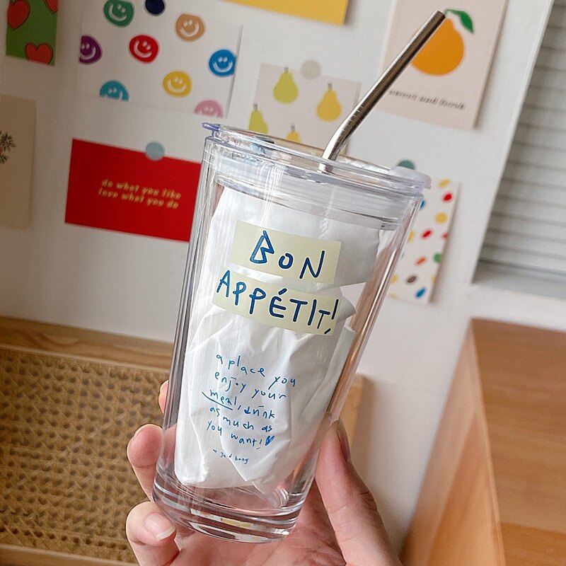 Gambar Ready Stock Thick Glass Cup With Lid and Metal Straw Juice Mug ???