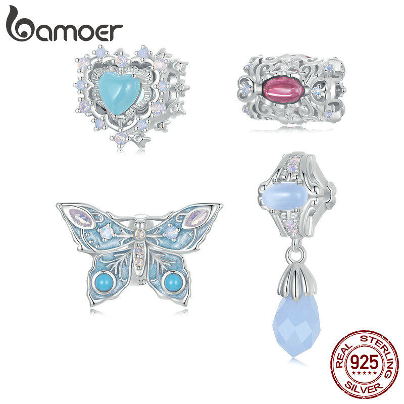 Bamoer 925 Sterling Silver họa tiết cổ điển hạt hình trái tim Màu Xanh Men Bướm Charms Cho Phụ Nữ Vòng Đeo Tay Phụ kiện tự làm Bsc958