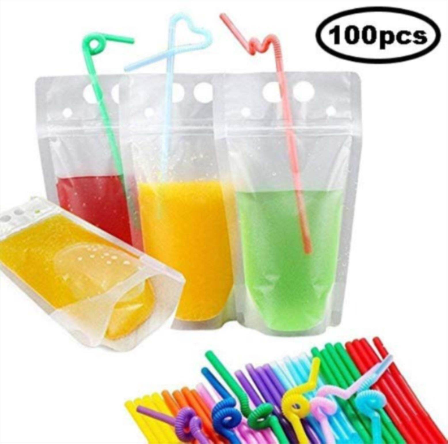 Gambar 50 100pcs Drink Pouches With Straw Reclosable Ice Drink Pouches Smoothie Bags With Drinking Straws Reusable Juice Pouch