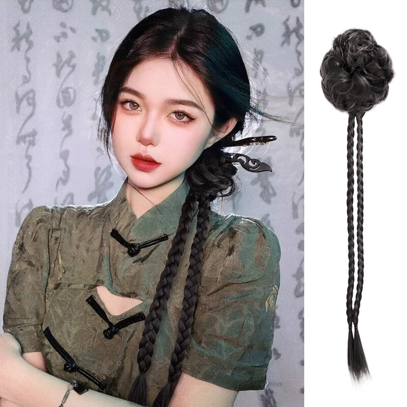 Mới lộn xộn xoăn Bun với lớn kẹp tóc răng cưa phong cách của phụ nữ tóc giả nhân tạo dệt 3 sợi đan tích hợp đồ mở rộng tóc đuôi ngựa dài