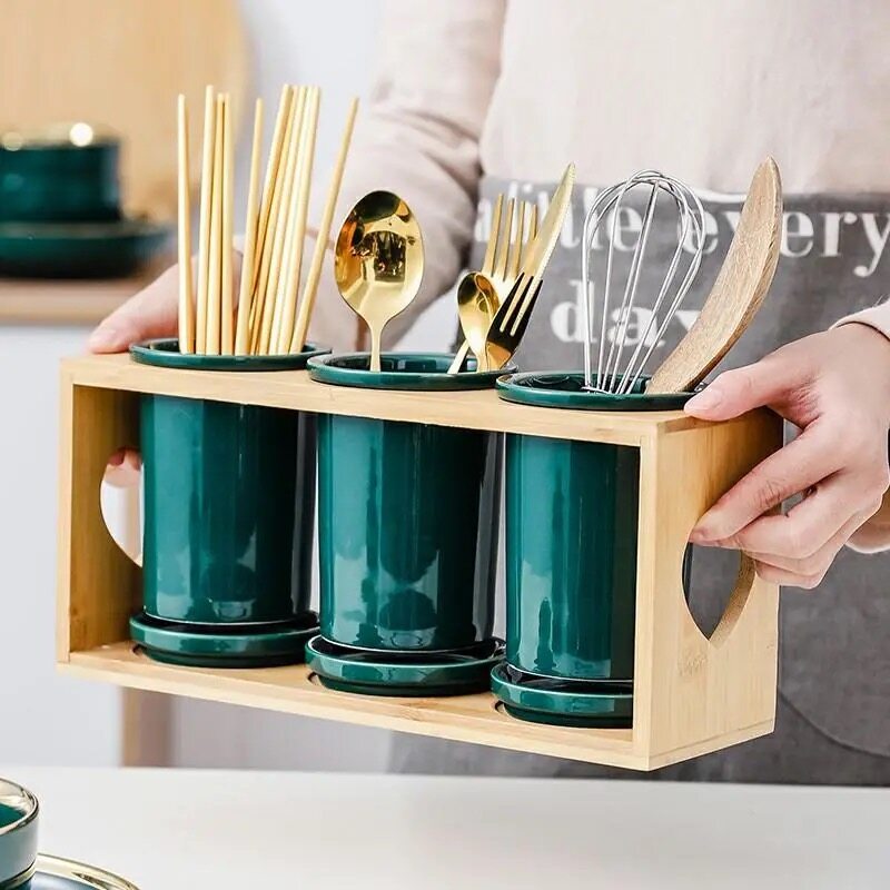 Gambar Tea Art Nordic Kitchen Ceramic Chopstick Holder Household Spoon Chopstick Cage Storage Box Drain Chopstick Basket Emerald Chopstick Rack