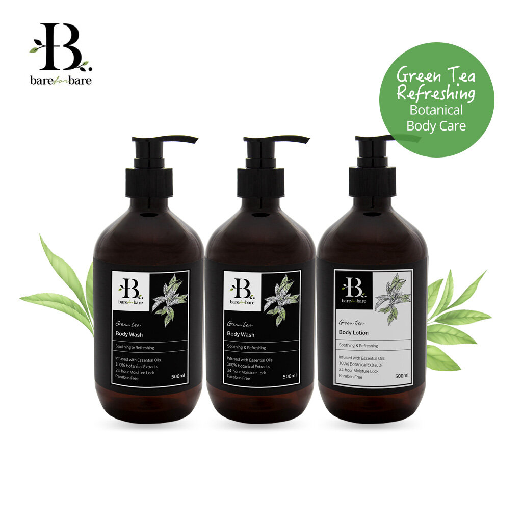 Gambar (3 x 500ml) Bare For Bare Green Tea Botanical Body Care   With Pure Essential Oil | Soothing   Refreshing