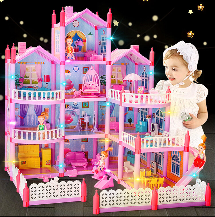 búp bê freebie + đèn cổ tích, nhà búp bê biệt thự lớn, nhà búp bê barbie công chúa, 4 tầng, mơ ước, quà tặng giáng sinh, bộ đồ chơi đồ hàng tự làm 2