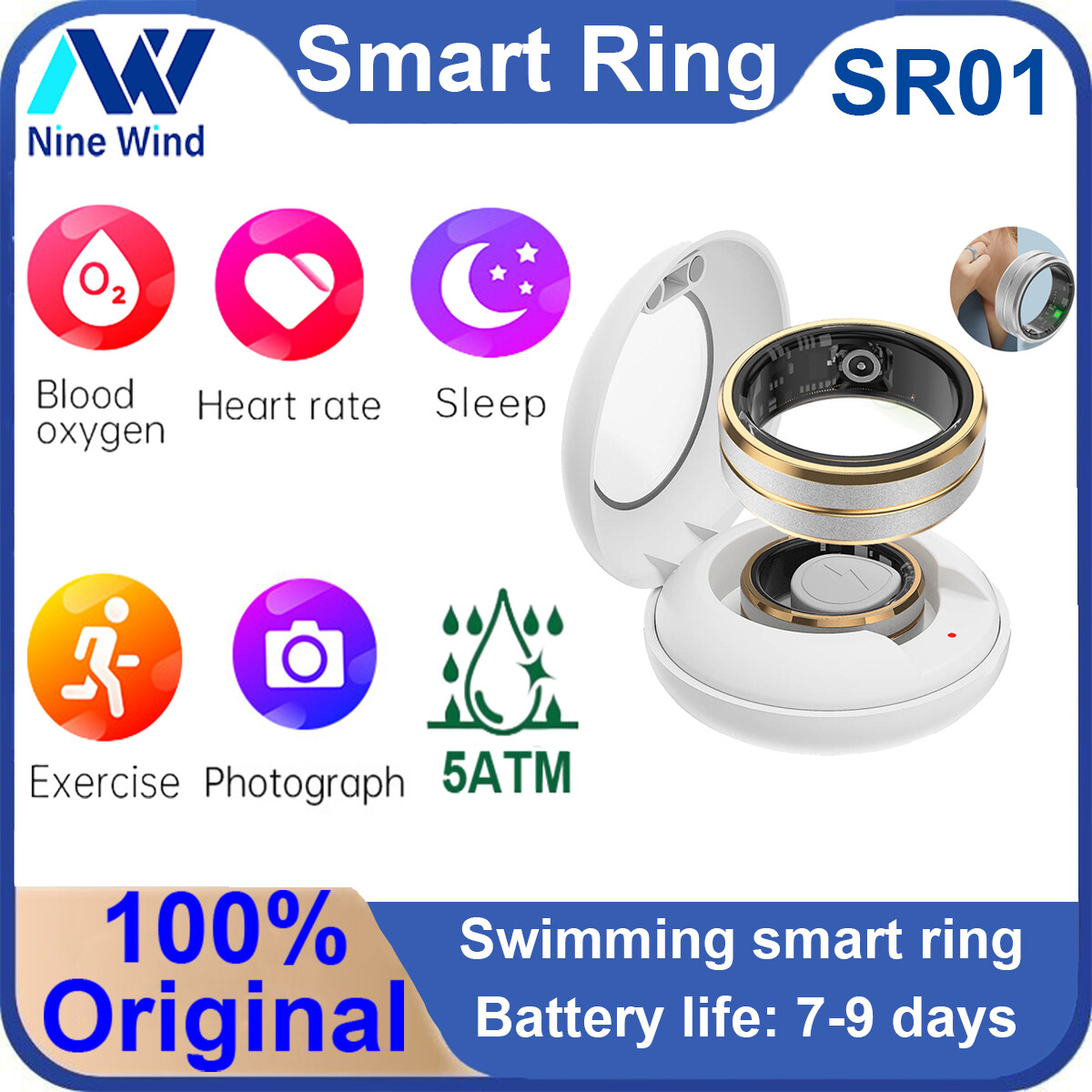 NineWind SR01 smart ring heart rate blood oxygen health sleep monitoring for Android IOS 5ATM Swimming waterproof multi-functional couple smart fashion ring for men women with charging box