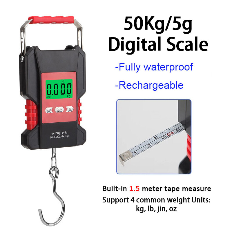 Cân Kỹ Thuật Số Sạc USB 50Kg/5G Cân Treo Thực Phẩm Nhà Bếp Hành Lý Câu Cá Du Lịch Chống Nước Hoàn Toàn Với Thước 1.5M