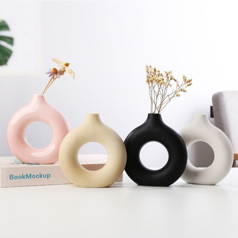 Bình gốm rỗng hình tròn bắc âu đồ trang trí thủ công trang trí nhà cửa bình để bàn phòng hiện đại bình hoa bánh rán