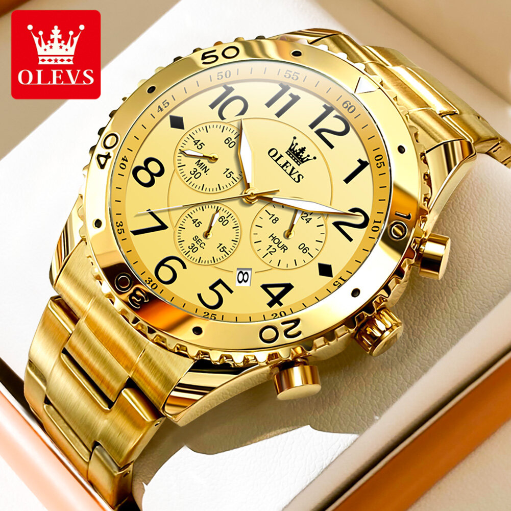 Olevs 2024 nguyên bản chính thức Chính Hãng đồng hồ nam chống nước mới thương hiệu sang trọng Thời Trang Giản Dị Đa Chức Năng lịch dạ quang đồng hồ quartz màu vàng dây đeo bằng thép không gỉ Quà Tặng Cho Bạn Trai