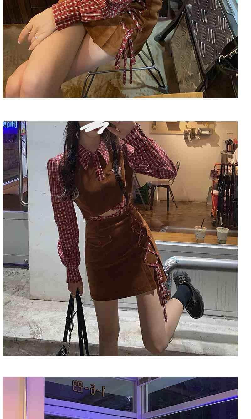 Niche design stitching plaid top hot girl tied top short skirt two-piece set 2021 New fall women's clothing