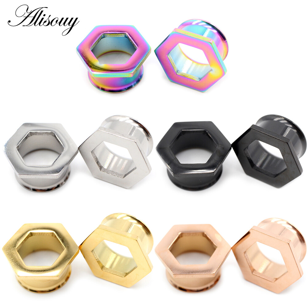 Alisouy 2 chiếc khuyên tai loe hình lục giác bằng thép không gỉ 6mm-25mm khuyên nong tai khuyên tai khuyên cơ thể
