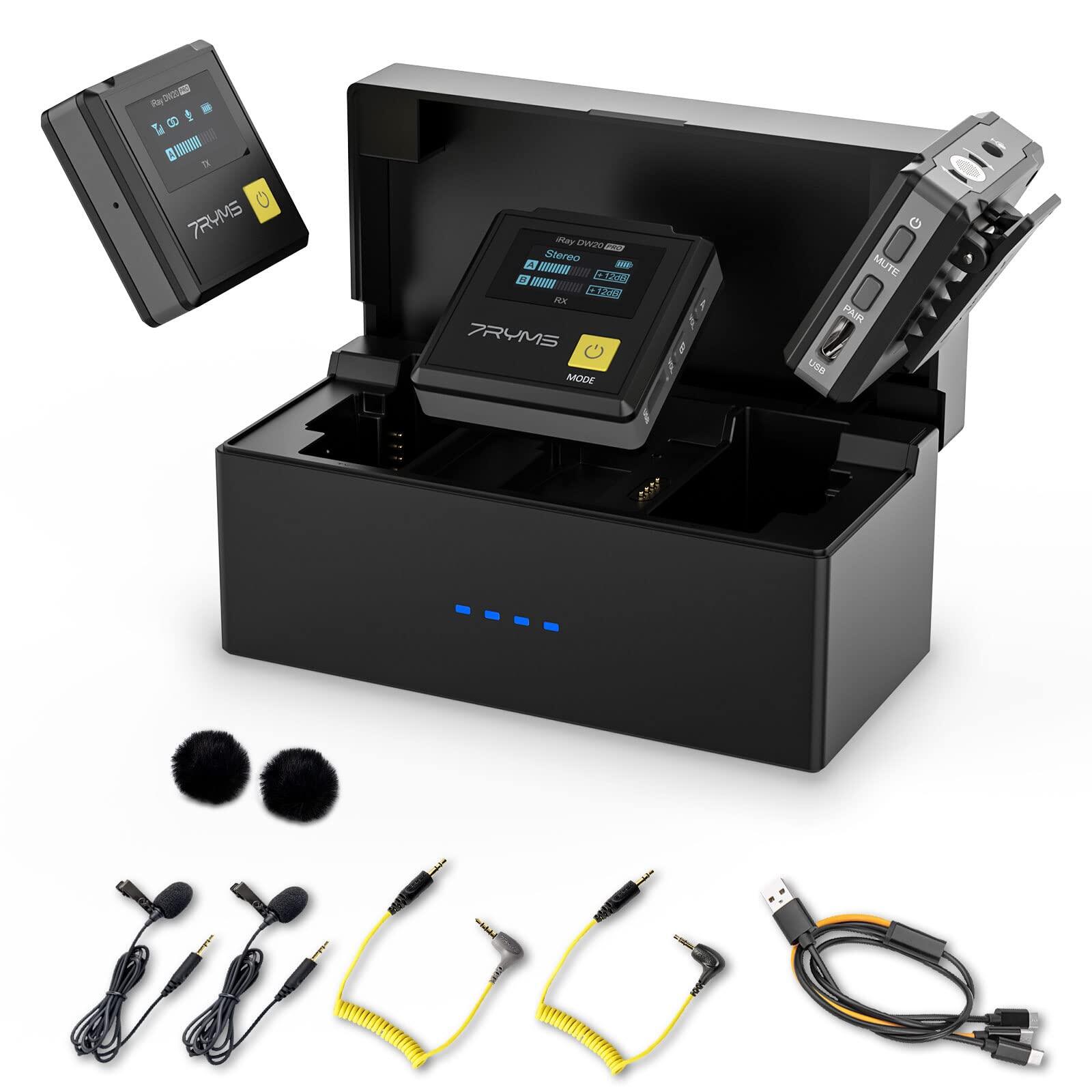 7ryms iray DW20 Pro Hệ thống micro dây chuyền không dây 2.4G dual-channel nhỏ gọn LAV mic với màn hì