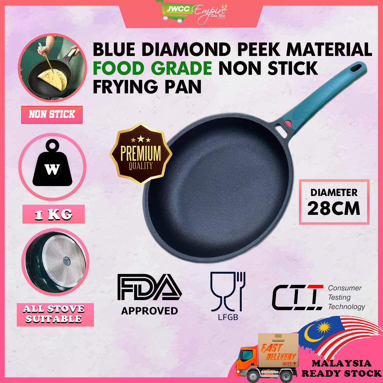 Gambar 28CM  Non Stick Pan Diamond Coating Pan Fry Pot Cooker Frying Pan Non Stick Frying Pot Cooking 28cm Wok Pan ?? ????? ???? 100%  NON STICK