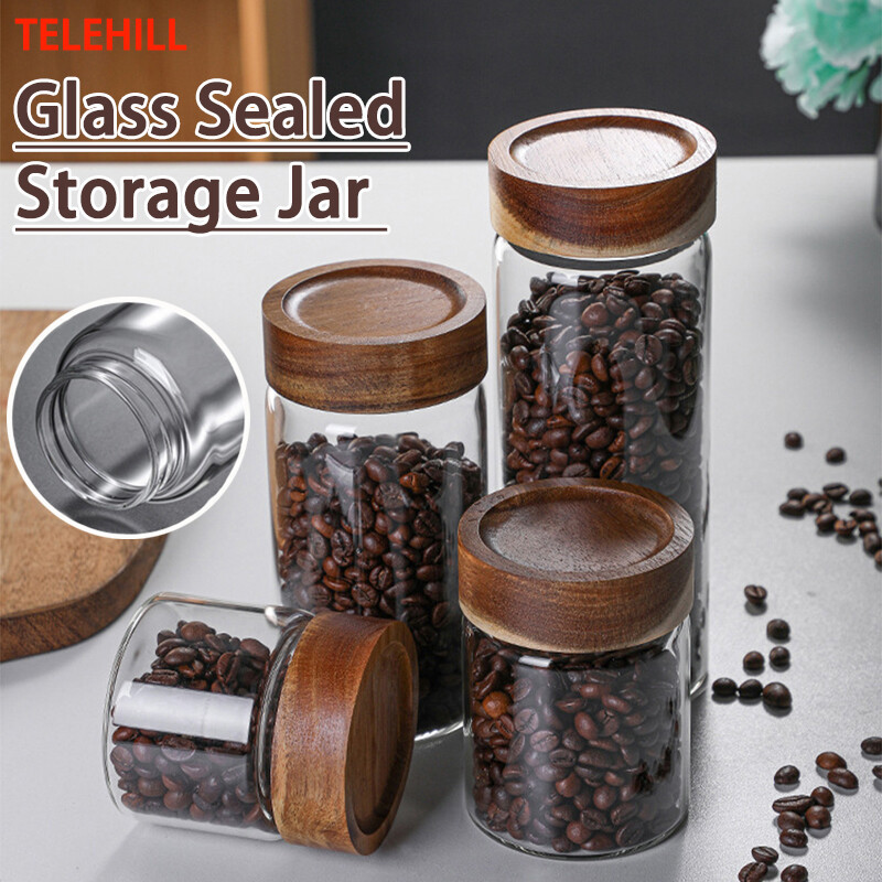 Thủy tinh lưu trữ Tank hộp kín thủy tinh nhà bếp lưu trữ chai Jar gỗ nắp thực phẩm container đã đóng gói trà cà phê đậu hạt Hũ đựng kẹo tổ chức Lưu trữ chai