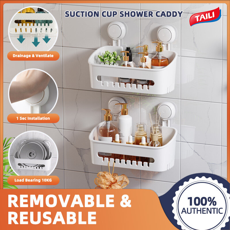 TAILI Shower Caddy Suction Cup 2 Pack, Bathroom Shower Basket Wall Mounted Organizer Shelf for Shampoo, Body Wash, Conditioner, Plastic Shower Rack for Kitchen & Bathroom, Drill-Free Removable… ราคา 192 บาท*ส่งฟรี