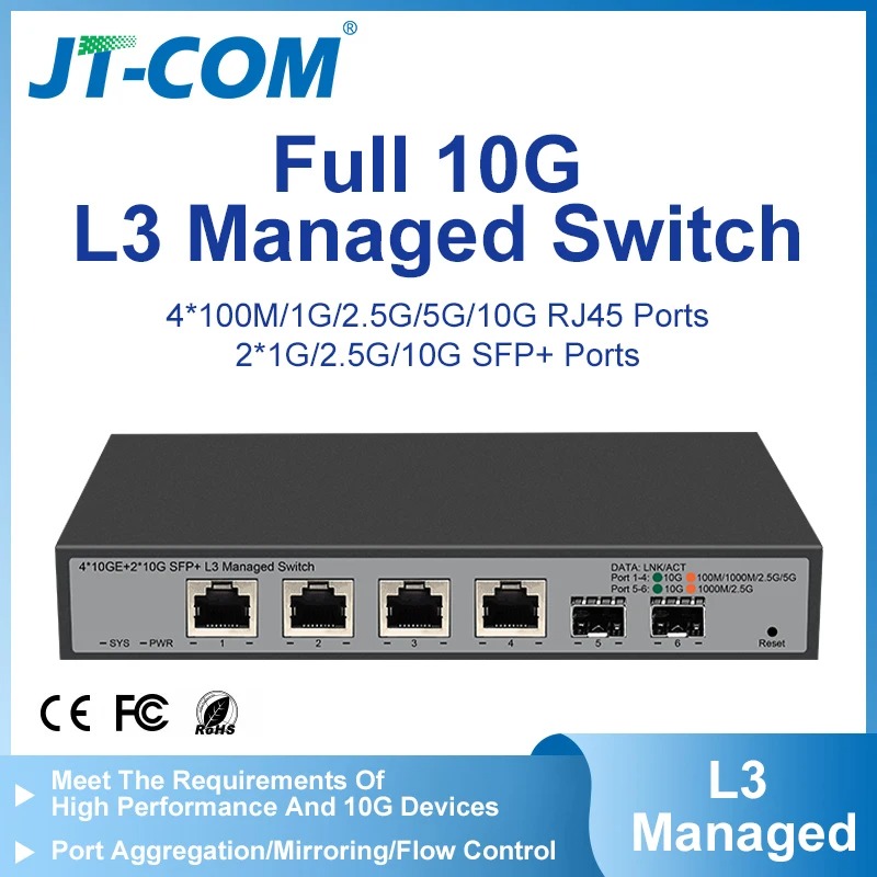 JT-COM 4 Port 10Gigabit Ethernet Switch managed with 2 10G SFP port, Compatible with 1G/2.5/10GMbps,Network Switch Without Console Support VLAN DHCP Web Mangement ，Port Mirror ราคา 14,699 บาท*ส่งฟรี