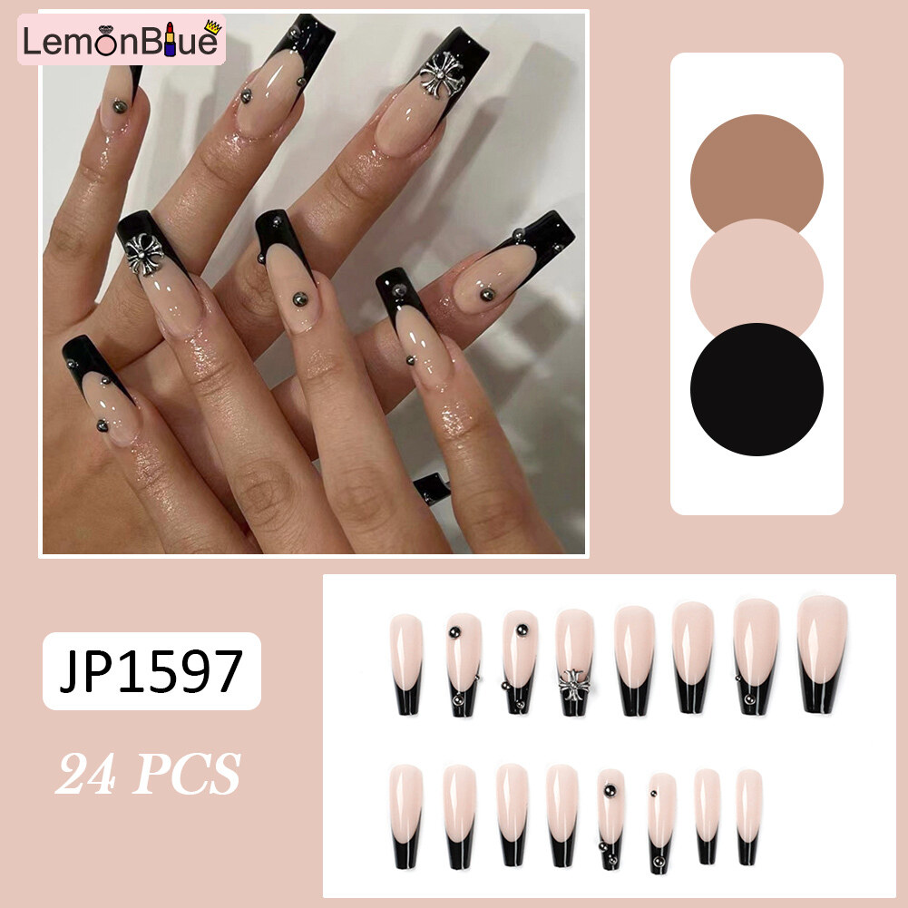 Gambar 24PCS Long Ballet Nails Black French Manicure Press On Nail for Women Girls Finished Nails Piece Fake Nails Jelly Gel Glue Type Removable Save Time