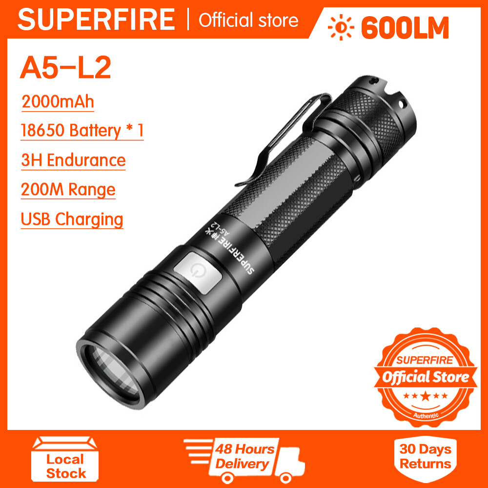 Superfire A5 Đèn pin Led có thể sạc lại xách tay quân sự siêu sáng ngọn đuốc chiến thuật không thấm nước nhôm ngoài trời hợp kim đi bộ đường dài