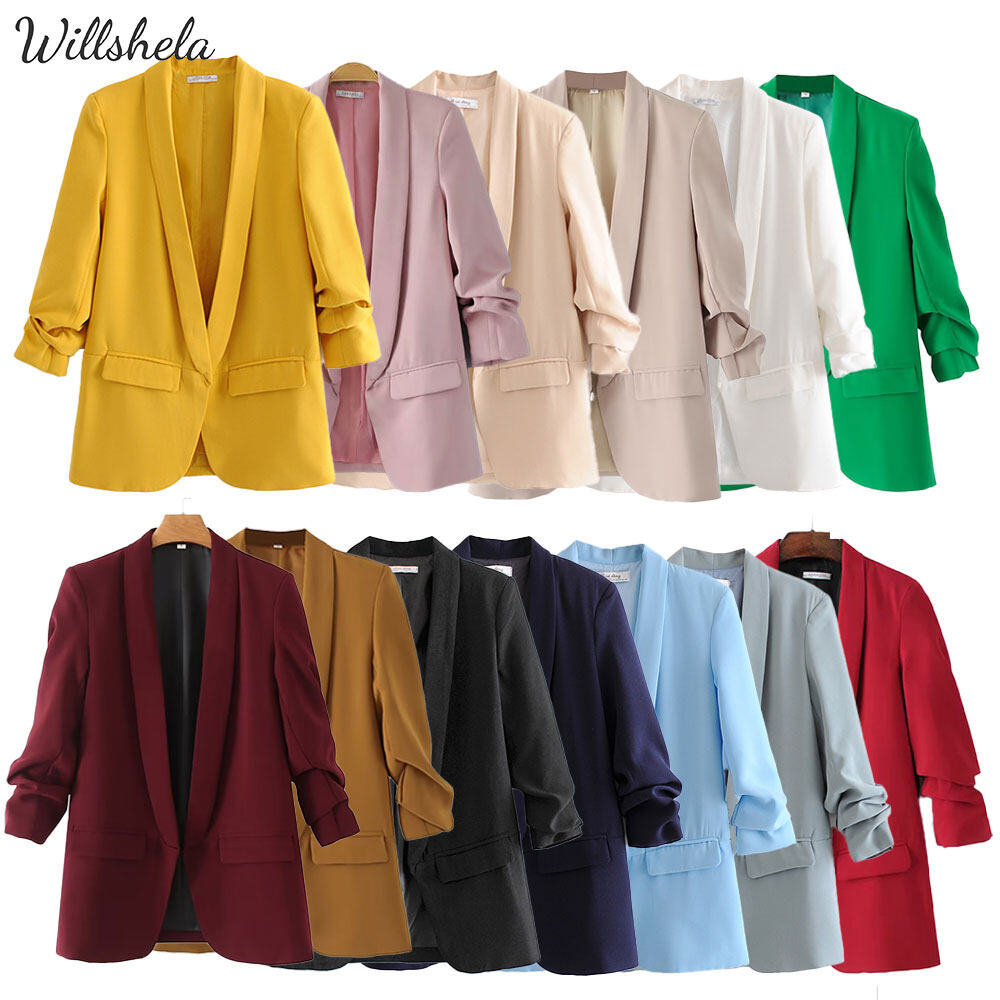 Willshela Women Fashion Multicolor Blazer Tuxedo Collar Long Pleated Sleeves Female Chic Lady Casual Basic Outwear Jacket