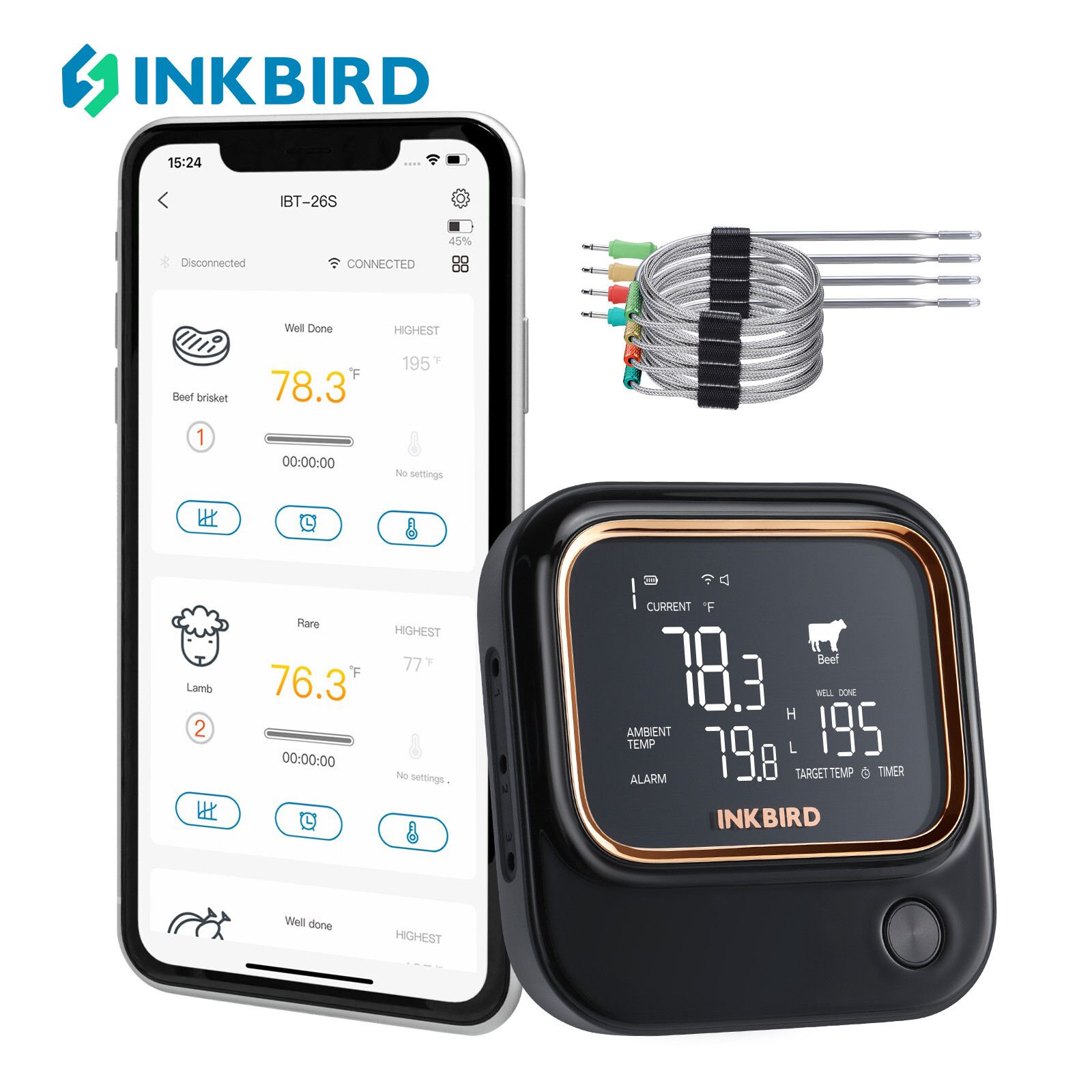 INKBIRD IBT-26S Bluetooth Wi-Fi Oven Thermometer Food Thermometer Digital BBQ Thermometer with 4 Probes APP Control USDA Meat Presets and Adjustable Backlit ราคา 2,522 บาท*ส่งฟรี