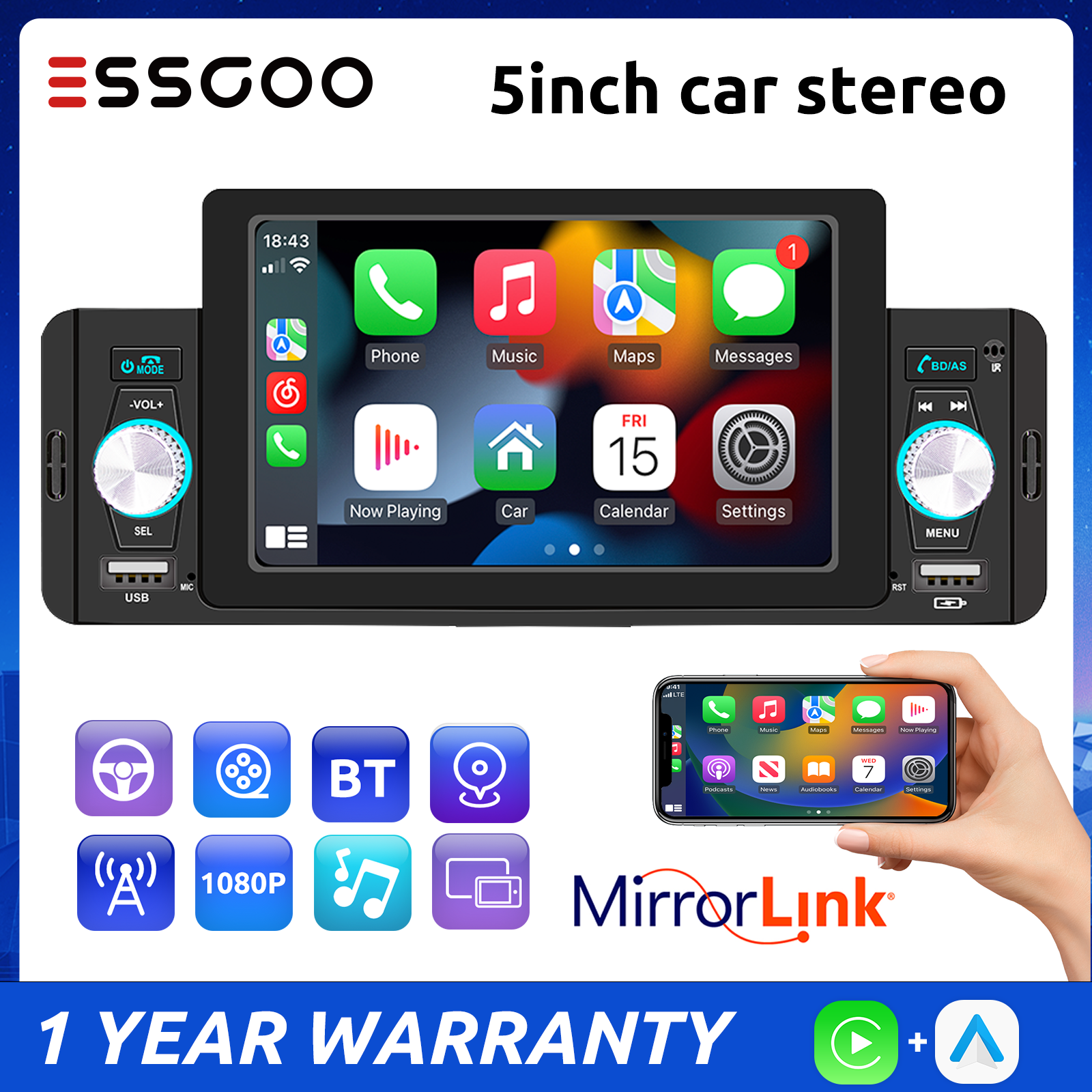 ESSGOO 1Din Car Stereo Radio Multimedia Player Wired Carplay&Android Auto Display Navigation Mirrorlink 5inch Touch Screen Reversing Input SWC BT USB Supported ราคา 1,999 บาท*ส่งฟรี