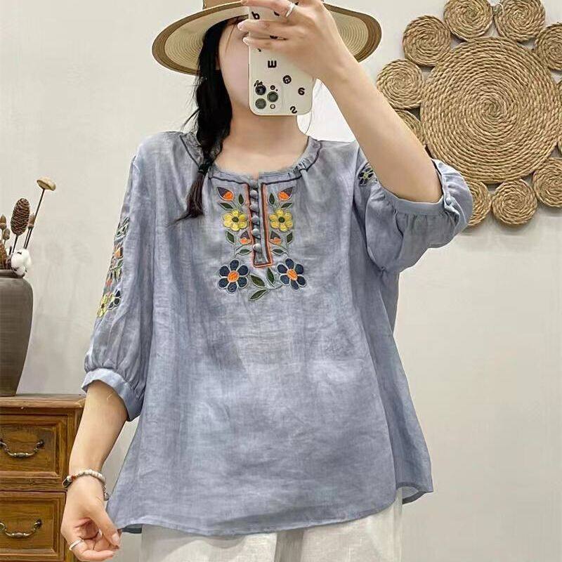 Luckin Áo Áo Linen cotton hàng hiệu cho phụ nữ áo phông rộng nghệ thuật Retro đa năng áo thêu cỡ lỡn áo mới 2024 Áo kiểu tay 3/4 cổ tròn dân tộc