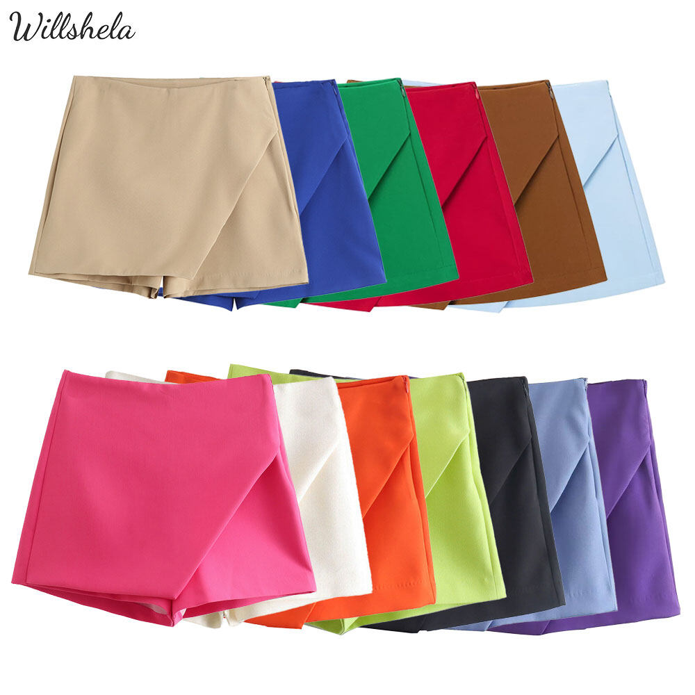 Willshela Women Fashion Spring Summer Solid Multi-Color Asymmetric Skirt Style Shorts Chic Elegant Female Casual Short Skorts