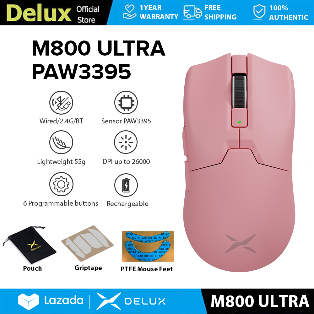Delux m800 ultra chuột chơi game paw3395dpi max 26000 có dây 2.4g bluetooth không dây có thể sạc lại có thể lập trình 55g nhẹ cho pc/laptop/windows/mac màu hồng