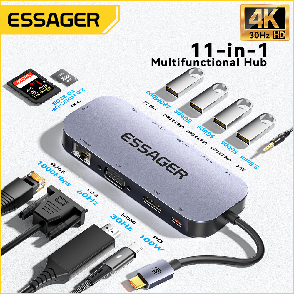 Essager Bộ Chuyển Đổi USB C HUB Type C Sang HDMI Tương Thích Với USB 3.0 Bộ Chuyển Đổi HUB 11 Trong 