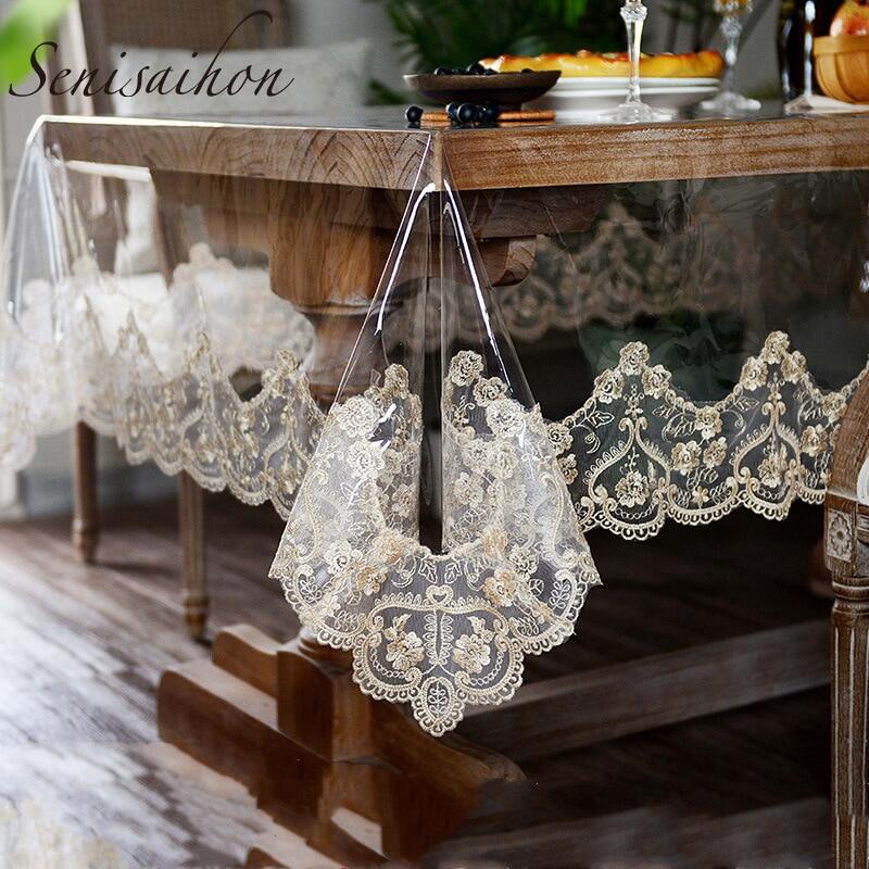 Gambar PVC Waterproof Tablecloth Golden Lace Embroidered Transparent Soft Oil Proof Dining Table Cloth Home Living Room Tea Table Cover