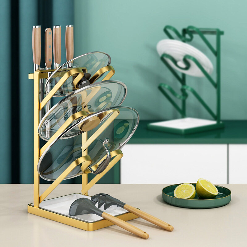 Gambar Kitchen Multi layer Pot Cover Rack Countertop Spatula Pot Cover Storage Rack Wall mounted Punch free Cutting Board Storage Rack