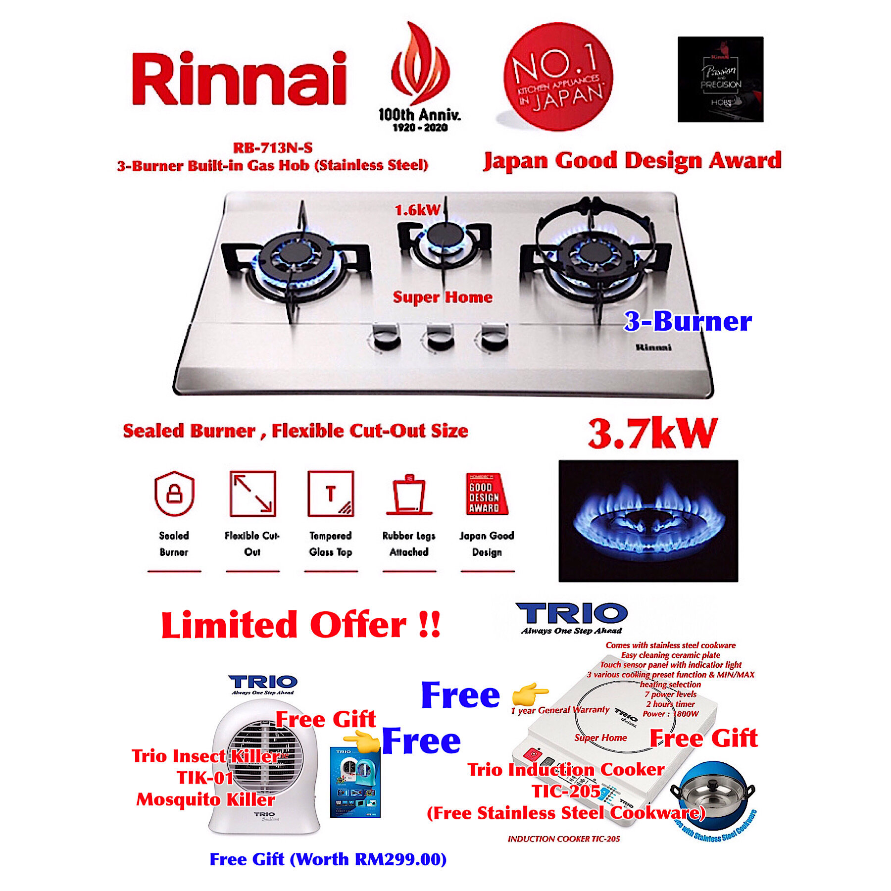 Rinnai Gas Hob 3Burner Builtin Gas Hob (Stainless Steel) Rinnai RB