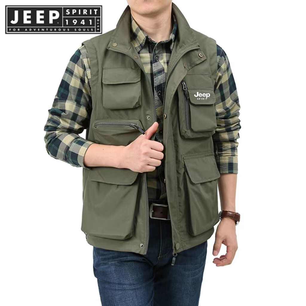 JEEP SPIRIT 1941 ESTD Spring/Nam Mùa Hè 'S Cổ Áo Giả Thiết Bị Thời Trang Đa Năng Túi Lớn Áo Ba Lỗ Không Tay Áo Khoác Jacket Ngoài Trời