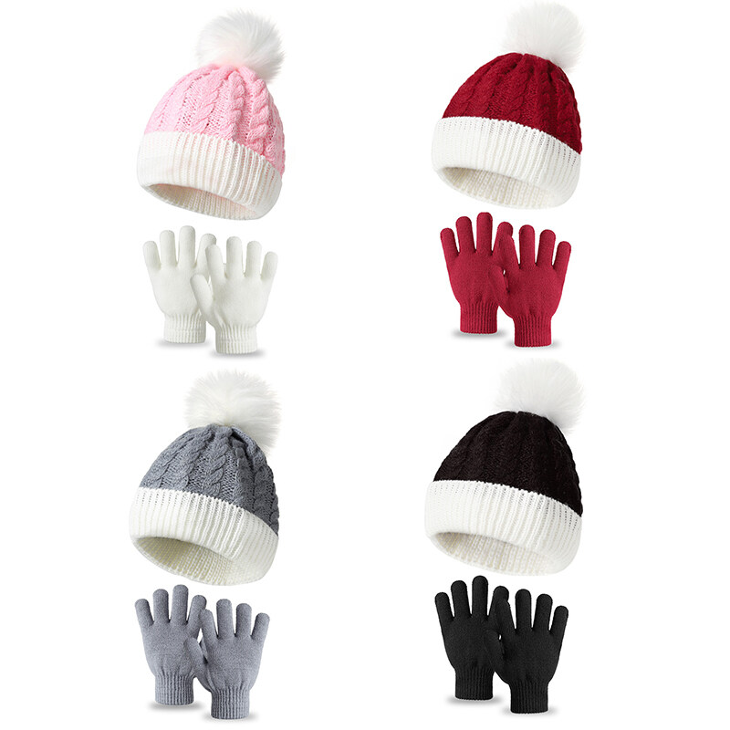 2Pcs Set Cute Pompom Baby Hat Gloves Winter Warm Knitted Baby Boys Girls