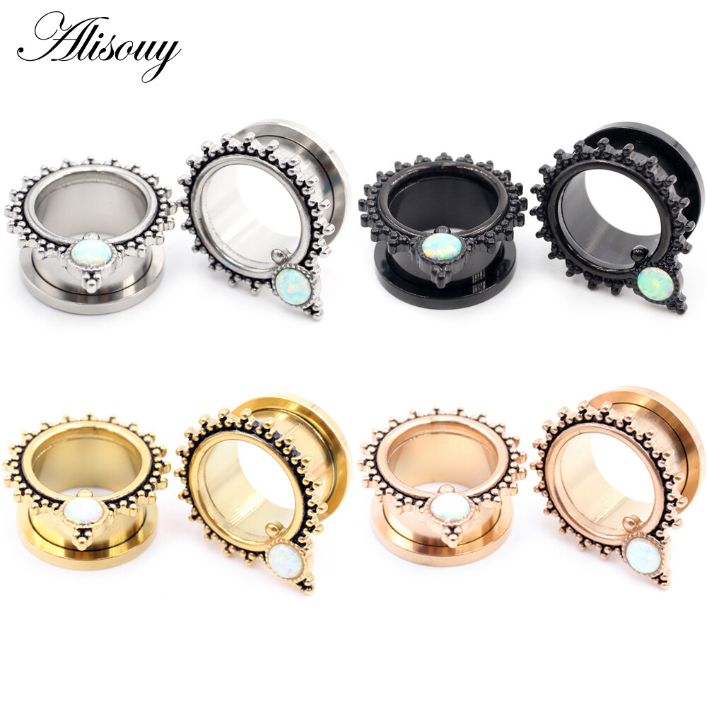 Alisouy 2 chiếc khuyên tai dạng ống vít opal bằng thép không gỉ 6-25mm khuyên nong tai khuyên tai đồ trang sức xỏ lỗ cơ thể