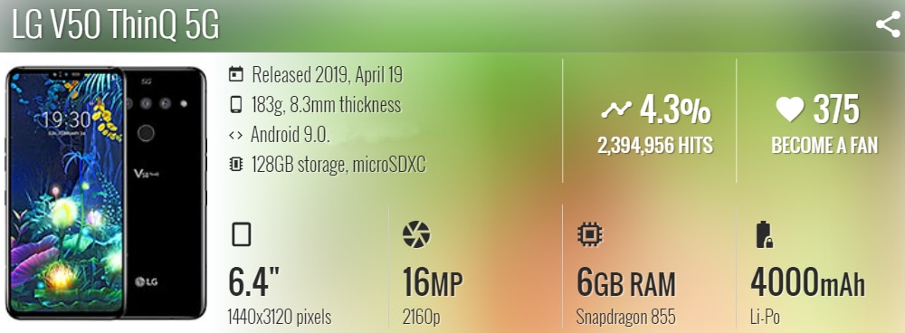 LG V50 ThinQ รุ่น V500N สมาร์ทโฟนหน้าจอ 6.4 นิ้ว RAM 6GB ROM 128GB กล้องหลัง 3 ตัว 16MP รองรับ LTE ซิมเดียว ปลดล็อกด้วยลายนิ้วมือ