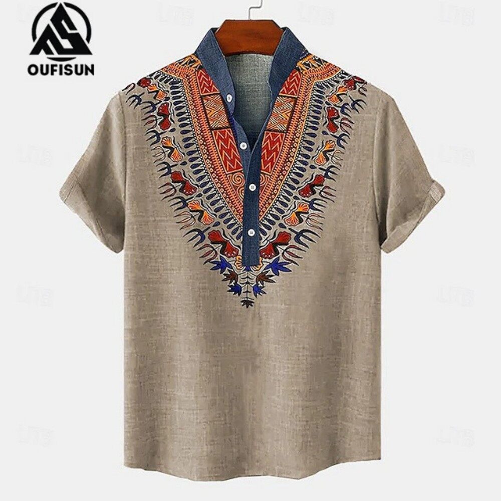  【Oufisun vitage Áo Sơ Mi Nam Áo sơ mi dân tộc Áo ngắn tay quá khổ quần áo bohemian 