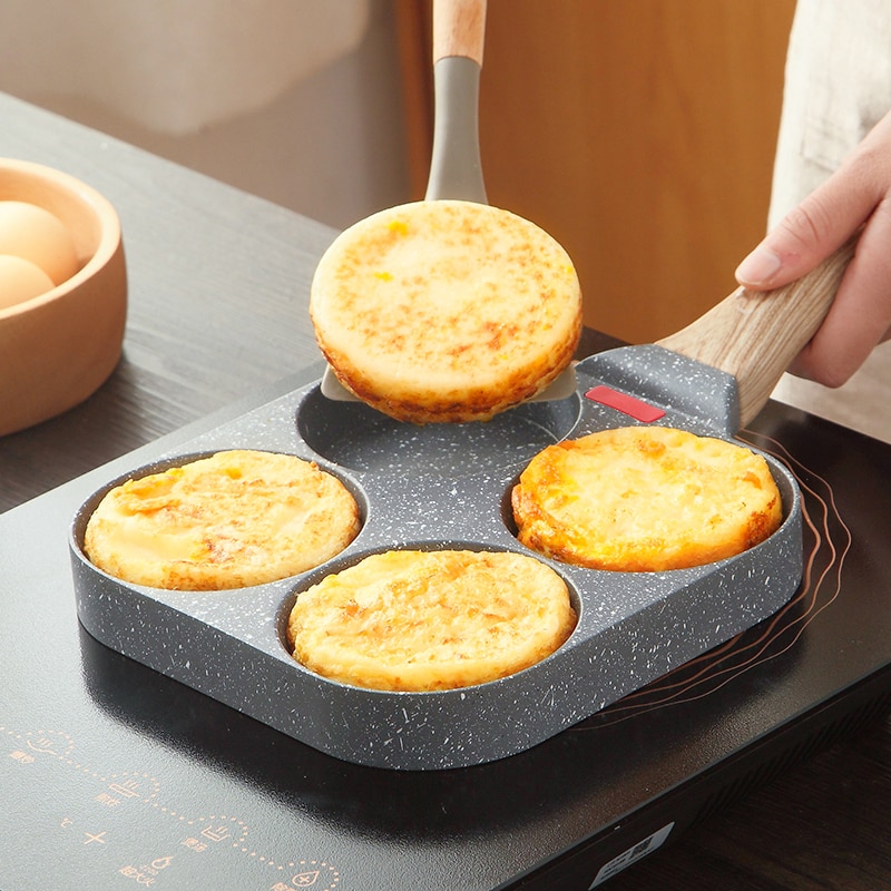 Gambar New 4 Holes Egg Frying Pan Kitchen Tools Hamburger Nonstick Pot High Quality Wood Grain Handle Cooking Saucepan Cookware