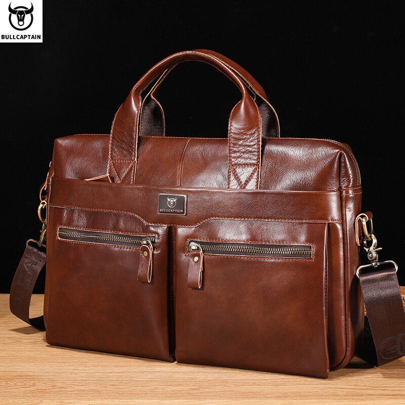 BULLCAPTAIN Men s Leather Briefcase Can Be Used For 15.5