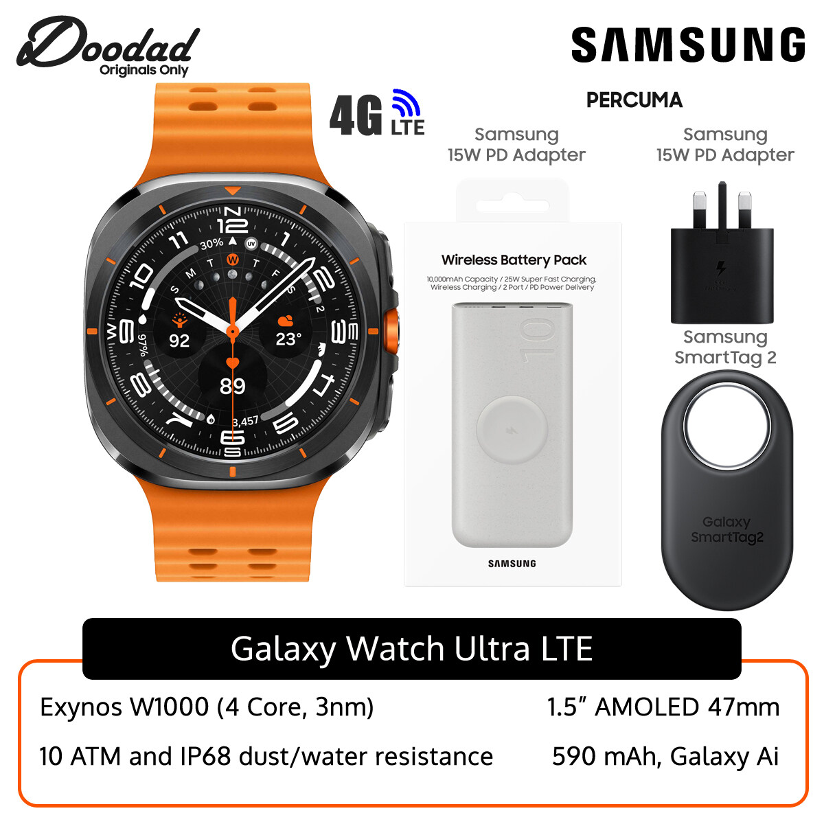 Samsung Galaxy Watch Ultra LTE 47mm SM-L705 (2024) with 15W Adapter, Smarttag2 and Wireless PowerBank | Original New MY Set | 1 Year Warranty