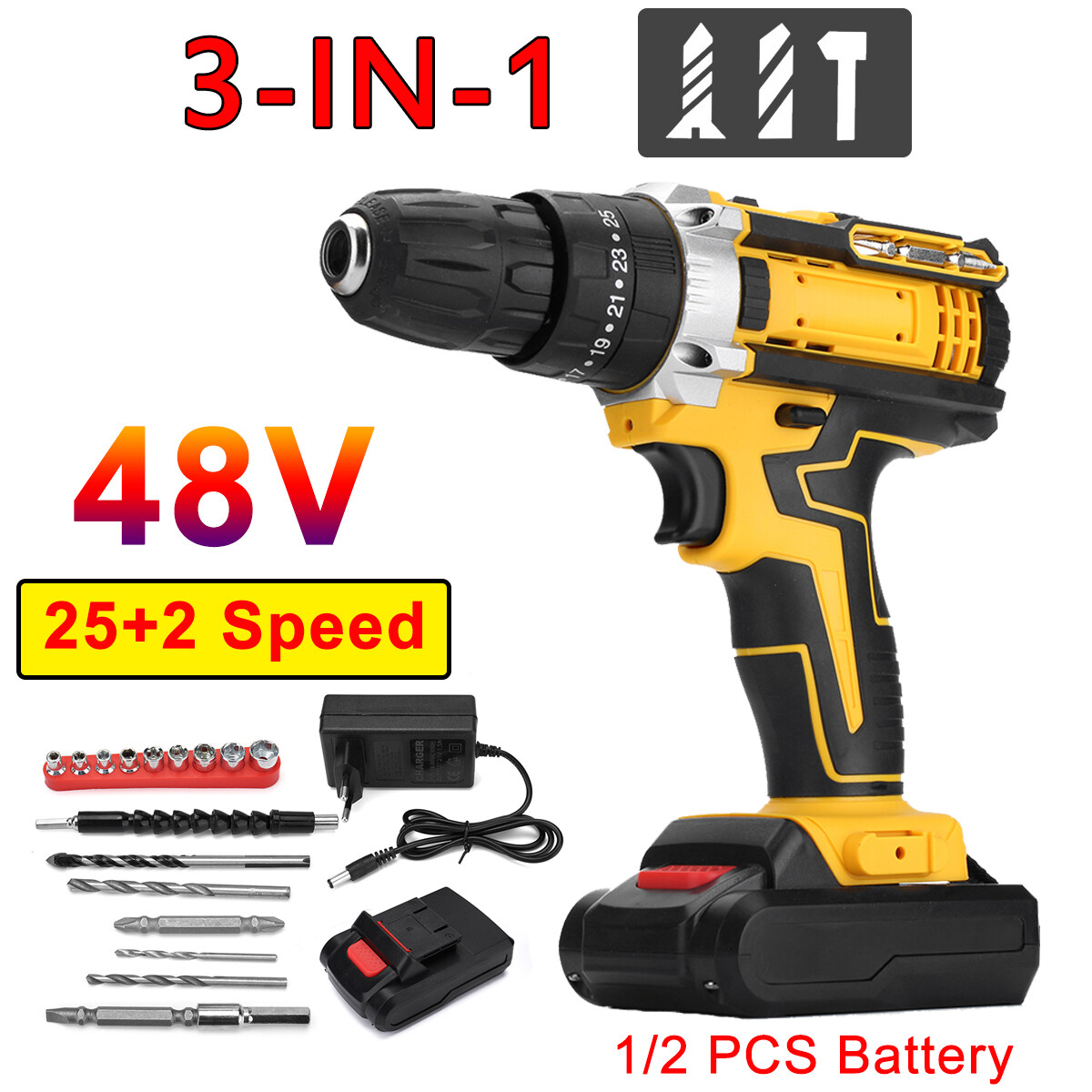 3 In 1 Electric Drill 38n M Cordless Impact Hammer 48v Screwdriver 25 High Speed Torque Tool With 1 2 Battery Led For Screws Wood Ceramic Steel Wall Eu Plug Lazada Ph